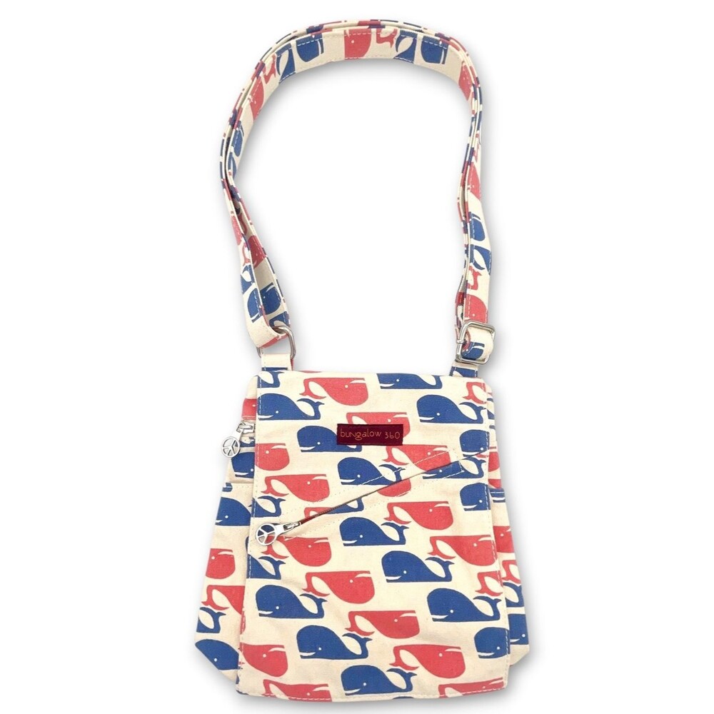 Bungalow360 Whale Print Small Crossbody Messenger Bag Canvas Peace Zipper Vegan